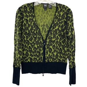 W by Worth Green Leopard Animal Print Lightweight Knit Cardigan Sweater